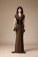 Black and umber Bessie gown by Jenny K Tran, featuring elegant fabric and a flowing silhouette.