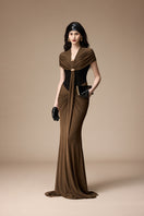 Black and umber Bessie gown by Jenny K Tran featuring elegant flowing fabric and sophisticated design.