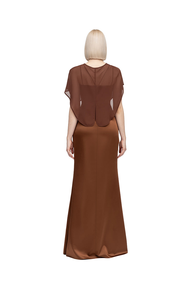 Chocolate brown BEYZA maxi dress by MOON / HAKAN YILDIRIM, front view showing elegant flowy fabric and fitted waist.