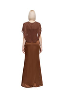 Chocolate brown MOON HAKAN YILDIRIM Elva cape jacket with a draped design, shown from the back on a model.