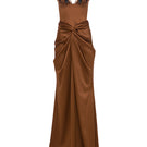 Chocolate brown Beyza gown by Moon Hakaan Yildirim, front view showcasing elegant design and flowing fabric.