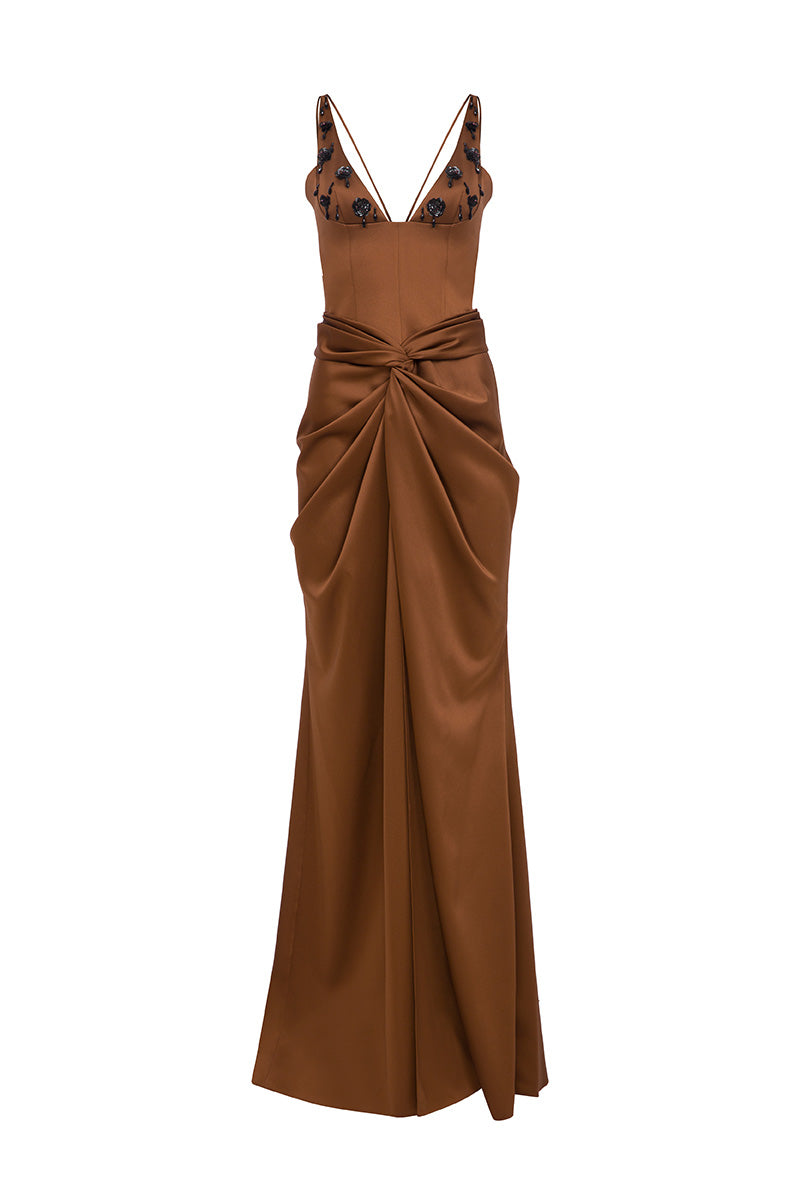 Chocolate brown BEYZA maxi dress by MOON / HAKAN YILDIRIM, front view showcasing elegant, flowing design and neckline.