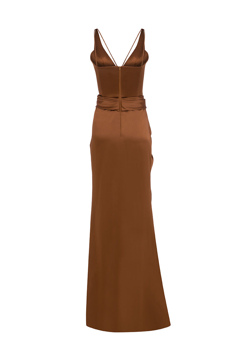Chocolate brown BEYZA maxi dress by MOON / HAKAN YILDIRIM, shown from the back with flowing fabric and elegant design.