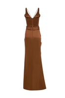 Back view of MOON HAKAN YILDIRIM Beyza Dress in rich chocolate brown, elegant gown with flowing fabric and subtle design details.