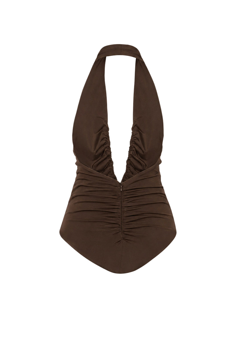 Brown AWAVE deep V-neck ruched bodysuit, close-up of fitted top with ruching detail and deep V neckline.