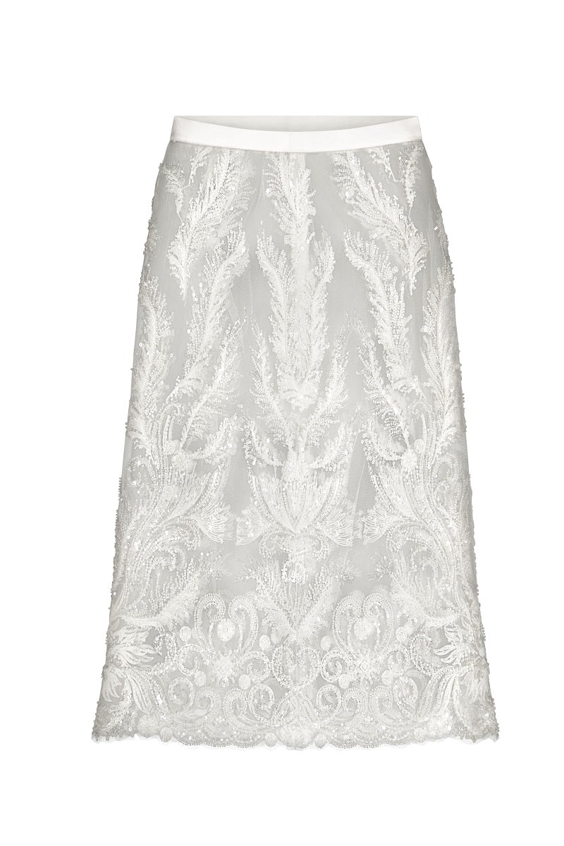 Scarlett Gasque Bianca midi skirt in flowy fabric, featuring a stylish design and versatile length for casual or dressy outfits.