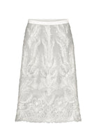 Scarlett Gasque Bianca skirt, a stylish midi skirt in a flowing fabric, shown in a natural pose on a white background.