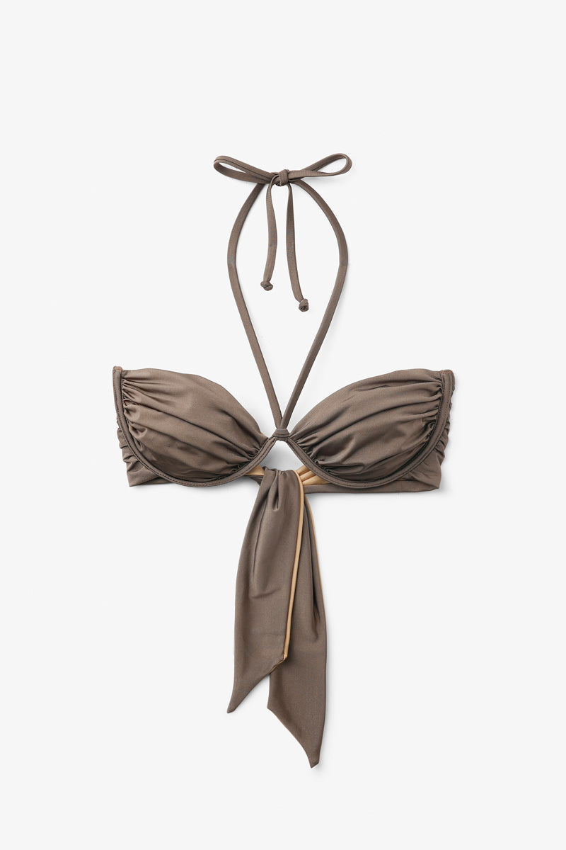 Seaquelle Billow Bikini Top and Twisted Bikini Bottom in Nougat, featuring soft fabric and stylish design for a comfortable fit.