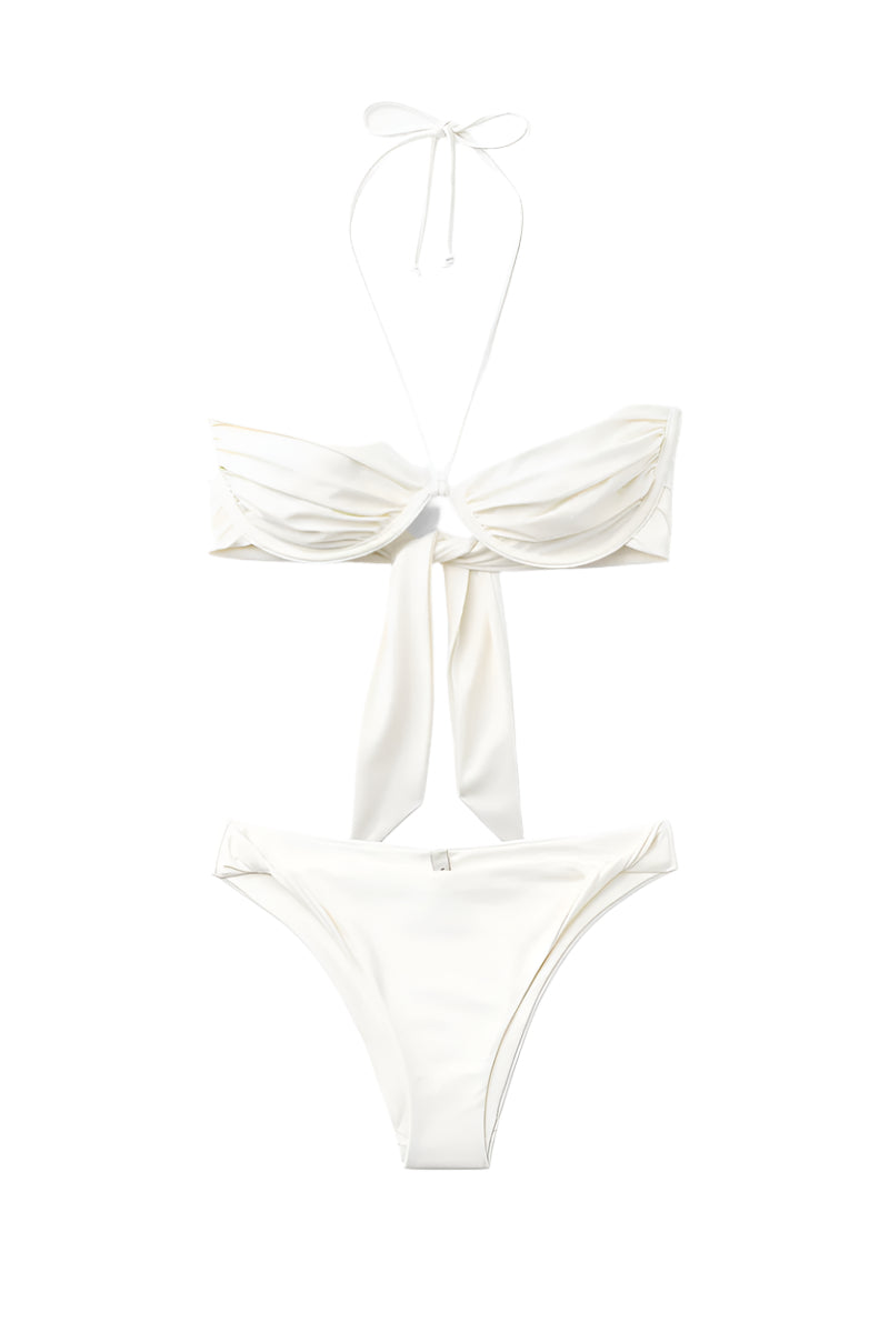 BILLOW BIKINI TOP AND TWISTED BIKINI BOTTOM IN CREME WHITE - CULT MIA