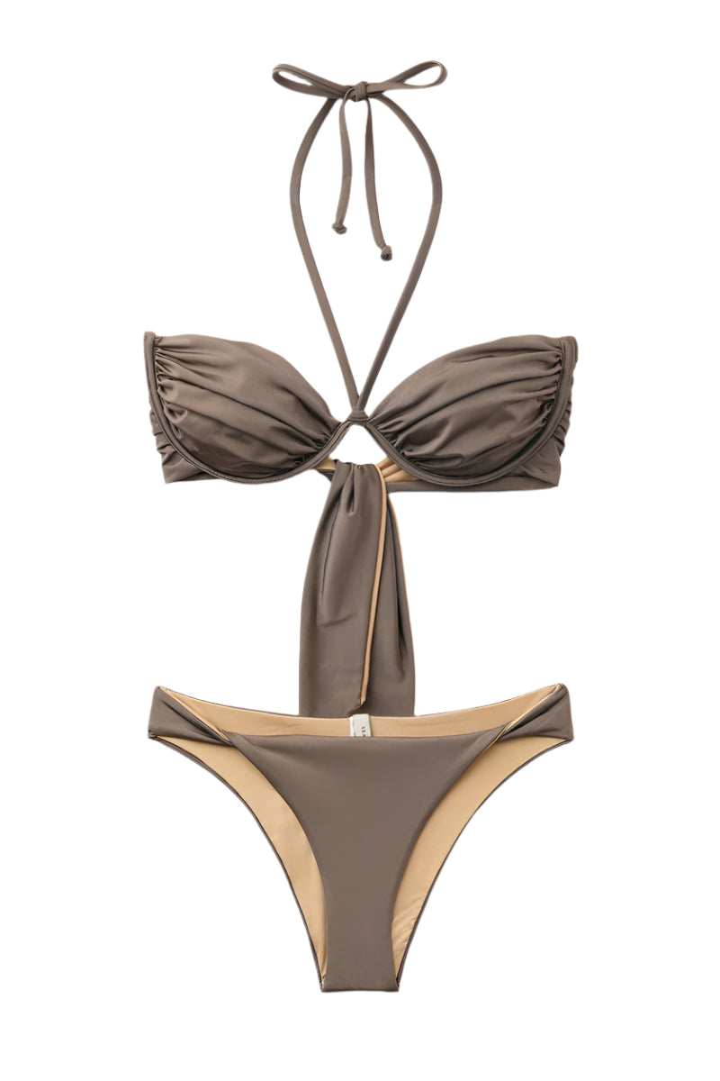 BILLOW BIKINI TOP AND TWISTED BIKINI BOTTOM IN NOUGAT - CULT MIA