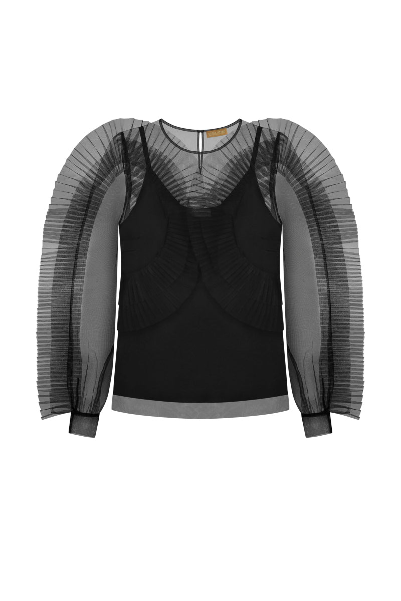 Black translucent tulle blouse with frills by Nadya Dzyak, shown from the back, featuring delicate ruffle details and sheer fabric.