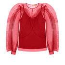 Red translucent tulle blouse with frills by NADYA DZYAK, shown from the back with delicate ruffle details.