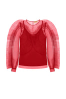 Red translucent tulle blouse with frills by NADYA DZYAK, shown from the back with delicate ruffle details.