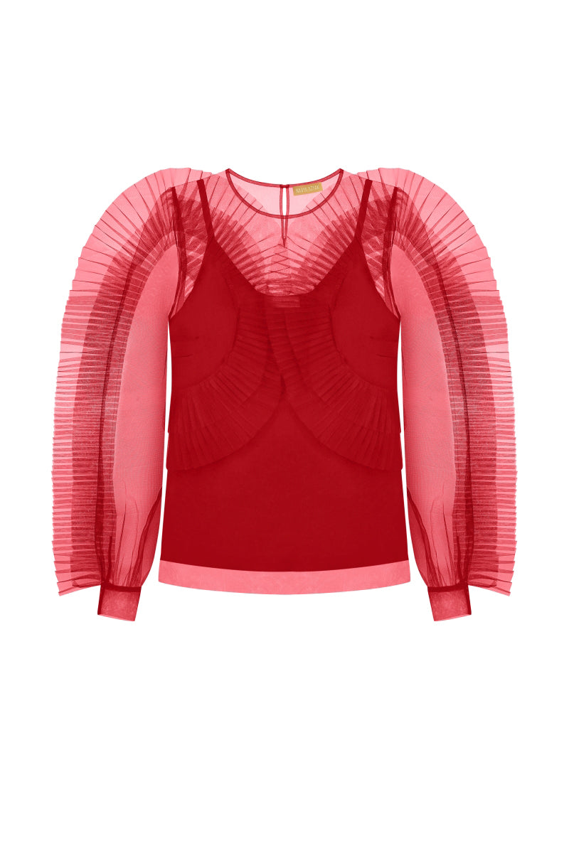 Red translucent tulle blouse with frills by NADYA DZYAK, shown from the back with delicate ruffle details.