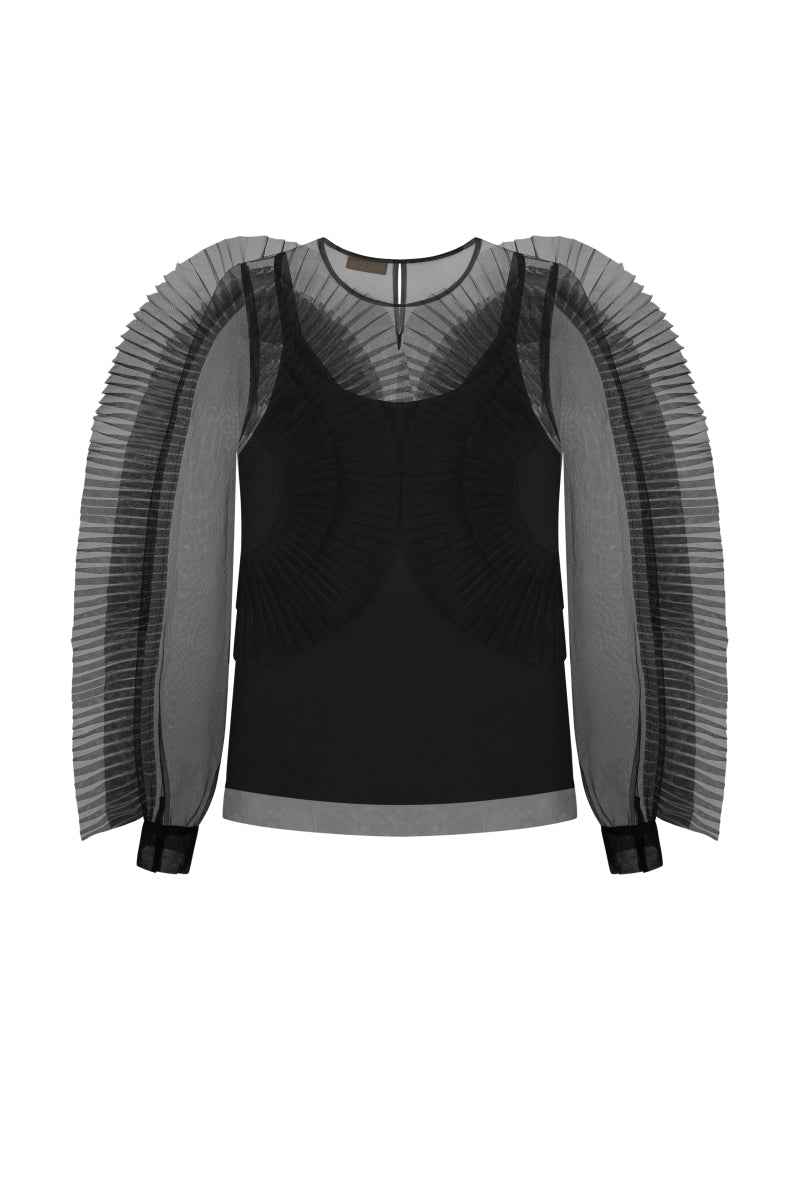 Black translucent tulle blouse with ruffled frills by Nadya Dzyak, front view showing delicate fabric and stylish design.