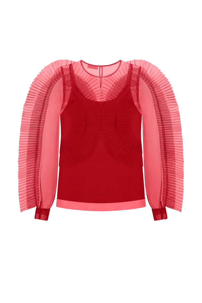 Red translucent tulle blouse with frills by Nadya Dzyak, featuring delicate ruffle details on the front.