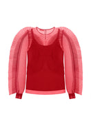 Red translucent tulle blouse with frills, stylish shirt by NADYA DZYAK, featuring delicate ruffles and a feminine design.