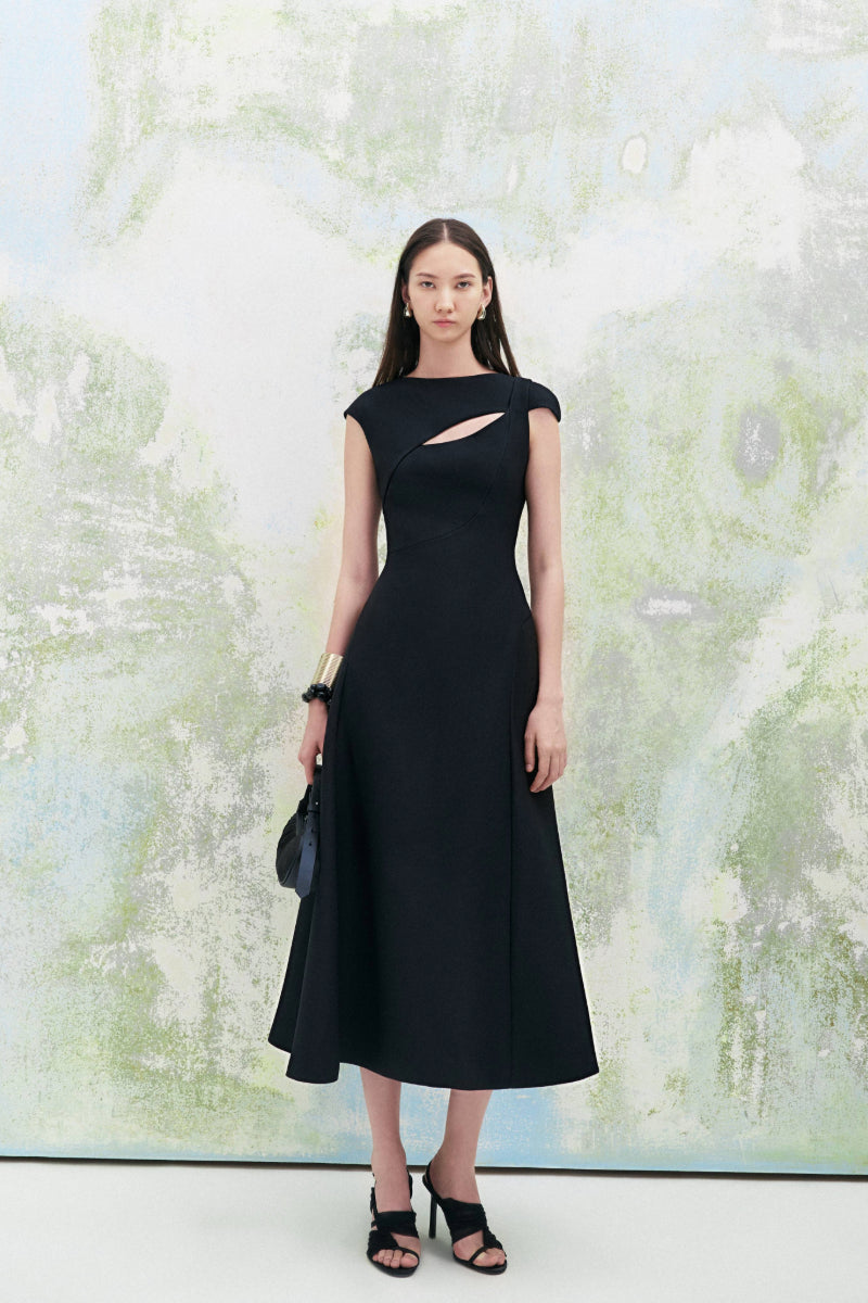 HOLLYHOCK A-LINE CUT-OUT CREPE MIDI DRESS IN BLACK - CULT MIA