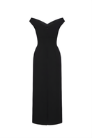 Black Ismera sheath off-shoulder crepe midi dress by Maison Des Copains, featuring a sleek silhouette and elegant off-shoulder design.