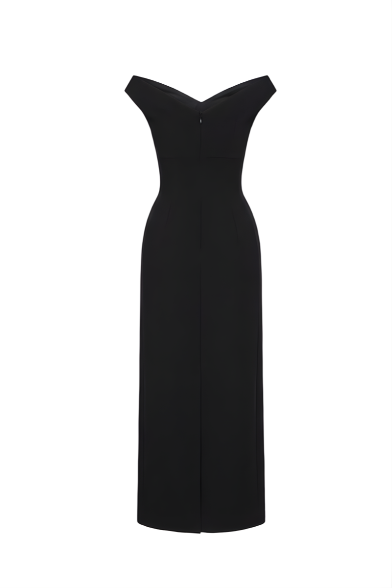 Black Ismera sheath off-shoulder crepe midi dress by Maison Des Copains, featuring a sleek silhouette and elegant off-shoulder design.