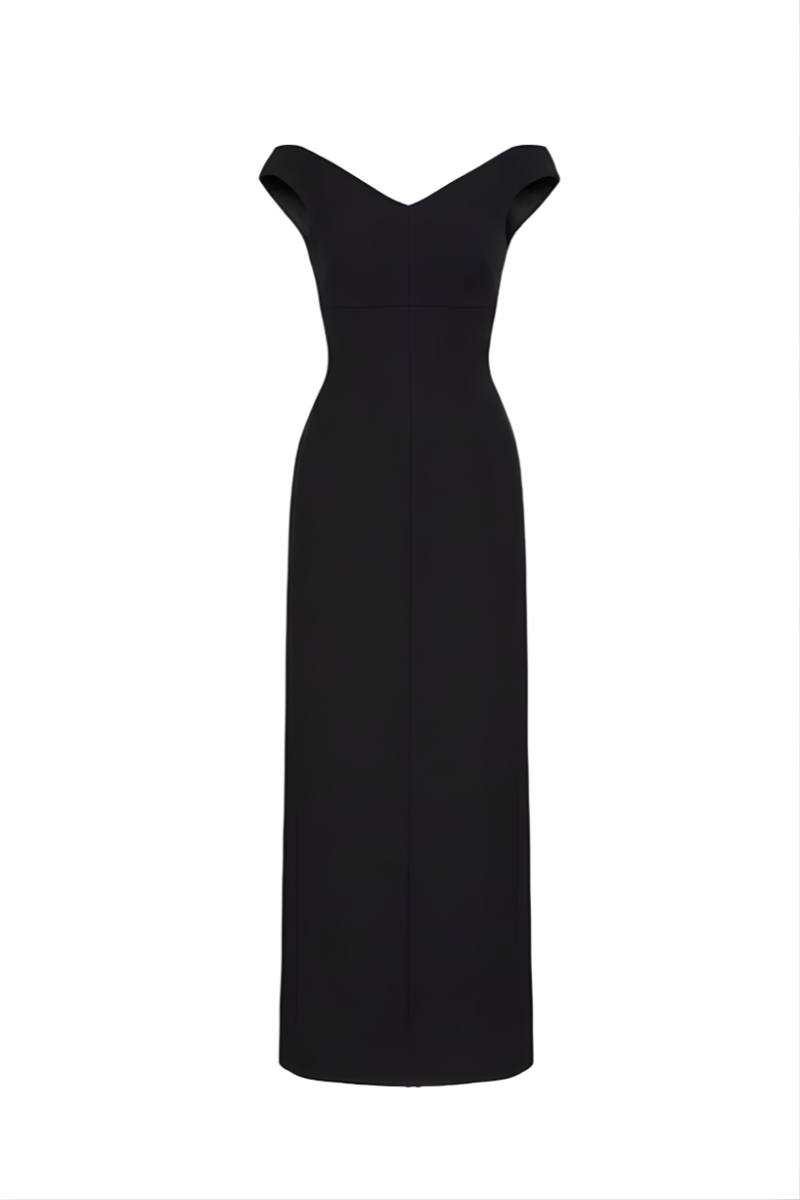 فستان إسميرا الأسود ذو الأكمام المكشوفة من الكريب بطول الساق