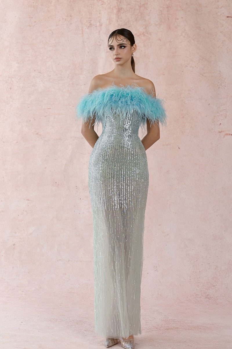 BLUE FEATHER SEQUIN DRESS - CULT MIA