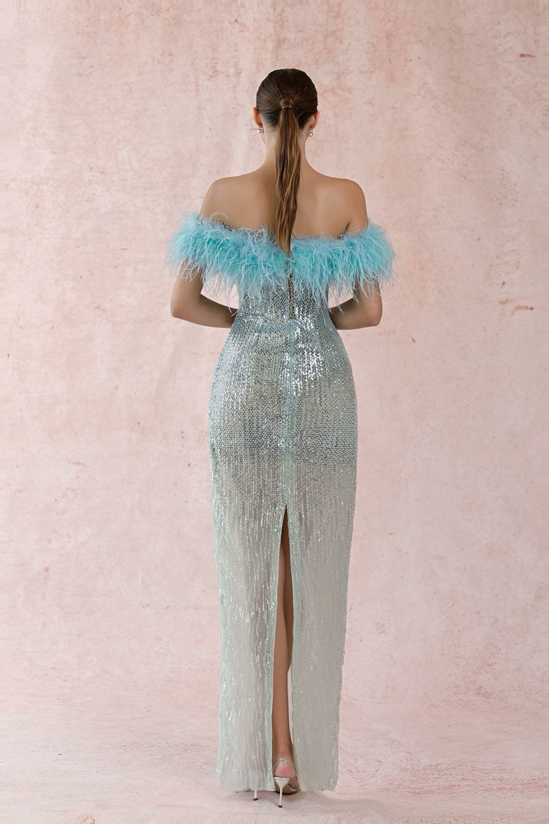 BLUE FEATHER SEQUIN DRESS - CULT MIA