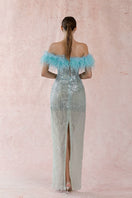 Blue feather sequin gown by HACCHIC COUTURE featuring shimmering sequins and elegant feather details.