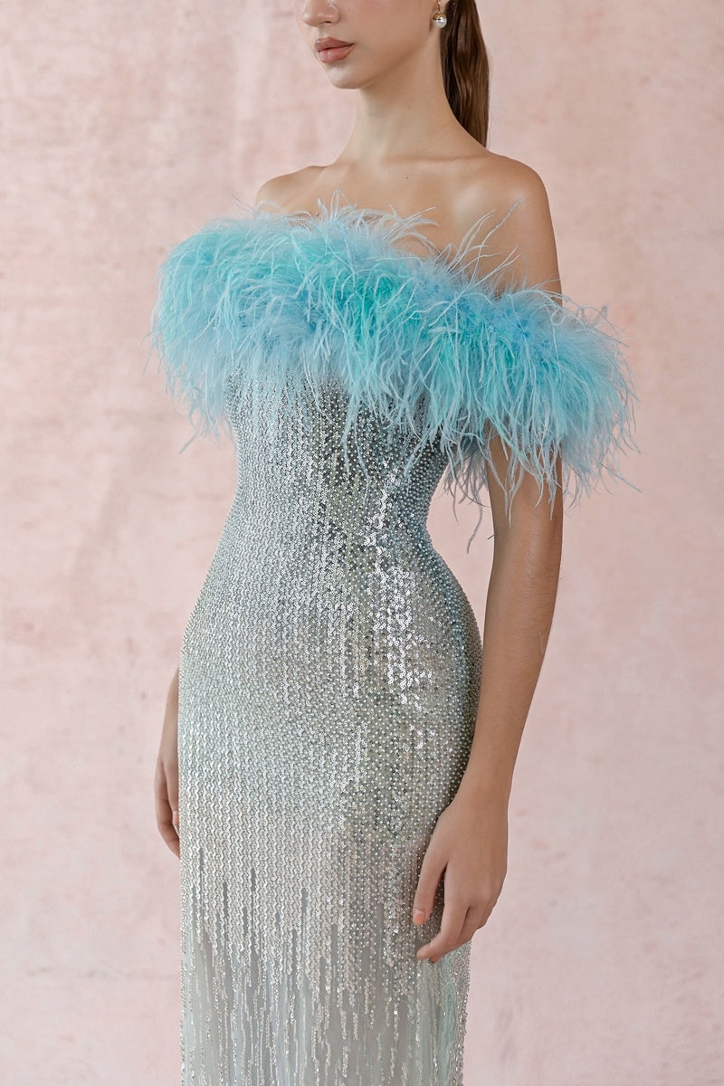 BLUE FEATHER SEQUIN DRESS | CULT MIA | HACCHIC COUTURE BLUE FEATHER SEQUIN DRESS | CULT MIA | HACCHIC COUTURE