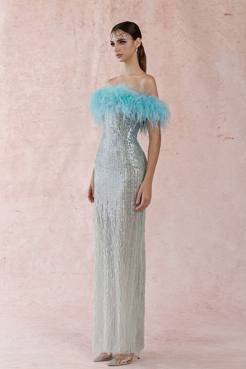BLUE FEATHER SEQUIN DRESS | CULT MIA | HACCHIC COUTURE BLUE FEATHER SEQUIN DRESS | CULT MIA | HACCHIC COUTURE