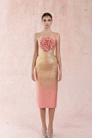 Hacchic Couture brocade 3D floral midi dress with intricate embroidered details and a fitted silhouette.