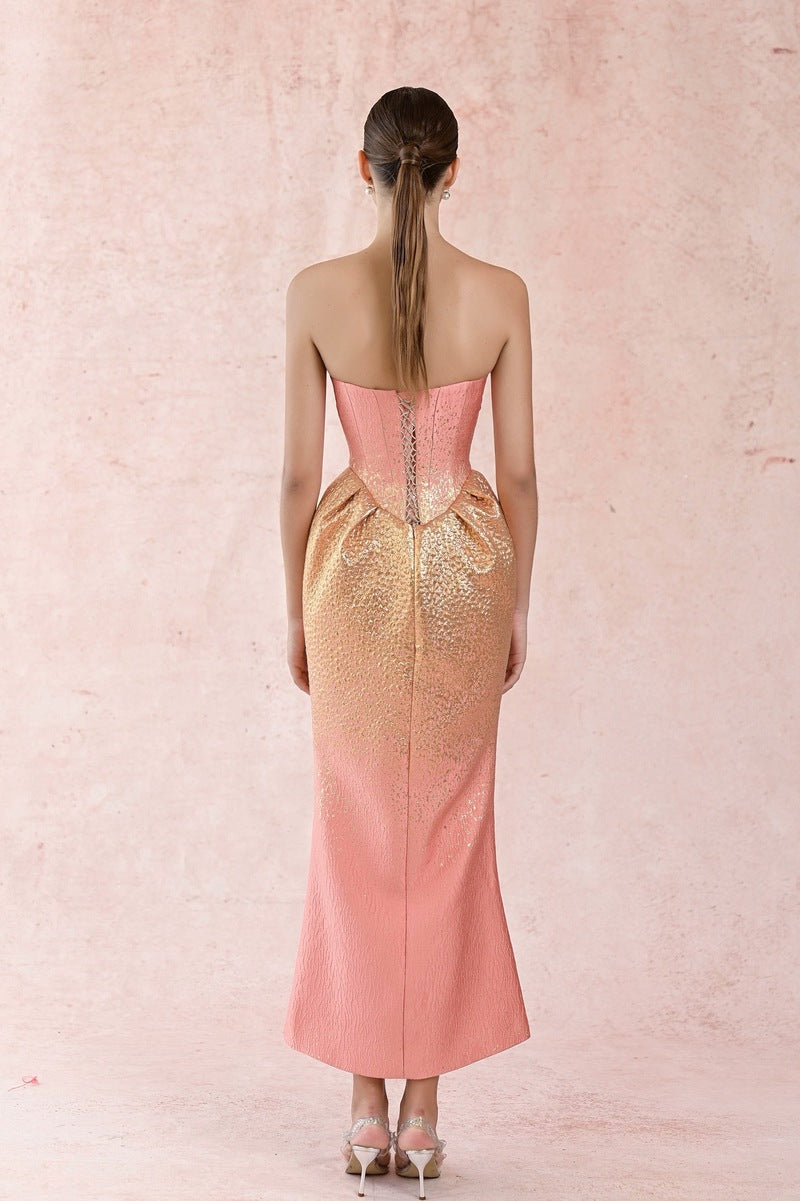 HACCHIC COUTURE brocade bowtie fishtail gown showcasing intricate fabric and elegant silhouette for formal occasions.