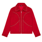 Black studded jacket from Bassigue, stylish outerwear with metal stud details, shown on a hanger.
