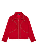 Black studded jacket from Bassigue, stylish outerwear with metal stud details, shown on a hanger.
