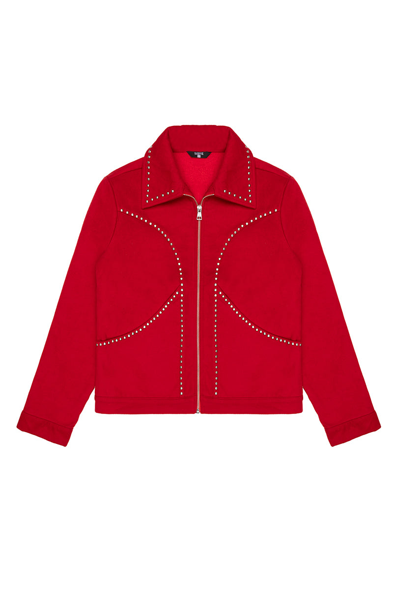 Black studded jacket from Bassigue, stylish outerwear with metal stud details, shown on a hanger.