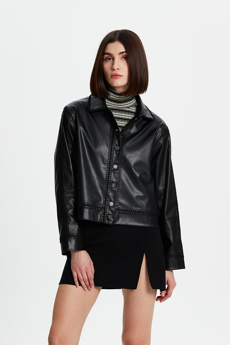 FAUX LEATHER JACKET WITH CROCHET DETAILING - CULT MIA