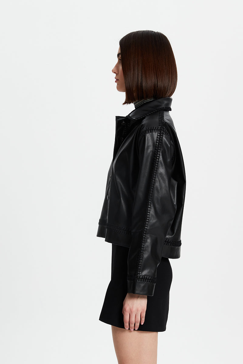 FAUX LEATHER JACKET WITH CROCHET DETAILING - CULT MIA
