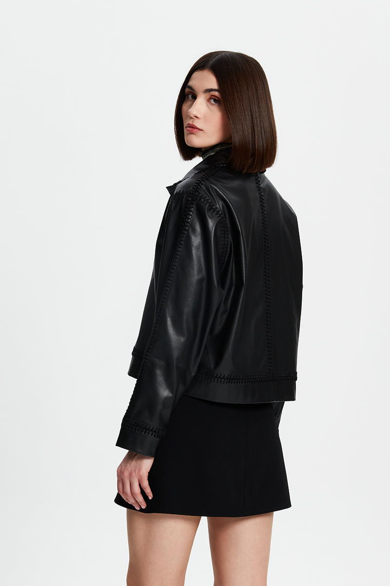 FAUX LEATHER JACKET WITH CROCHET DETAILING - CULT MIA
