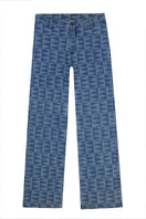 Bassigue laser print straight leg jeans, front view showing classic five-pocket design and sleek fit.