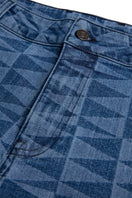Pair of Bassigue laser print straight leg jeans showcasing classic denim style with a laser-printed design on the fabric.