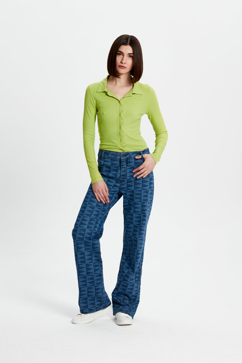 Light blue Bassigue laser print straight leg jeans with classic five-pocket design and button fly, displayed on a white background.