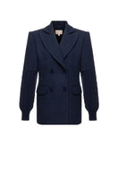 Navy tailored sleek blazer by Liya featuring a fitted design and classic lapel, displayed on a hanger.