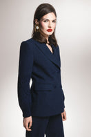 Navy tailored sleek blazer by Liya, featuring a fitted design with classic lapels and structured shoulders.