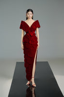 Red velvet petal-structured gown by Happy Clothing, featuring elegant draping and intricate design, perfect for formal occasions.