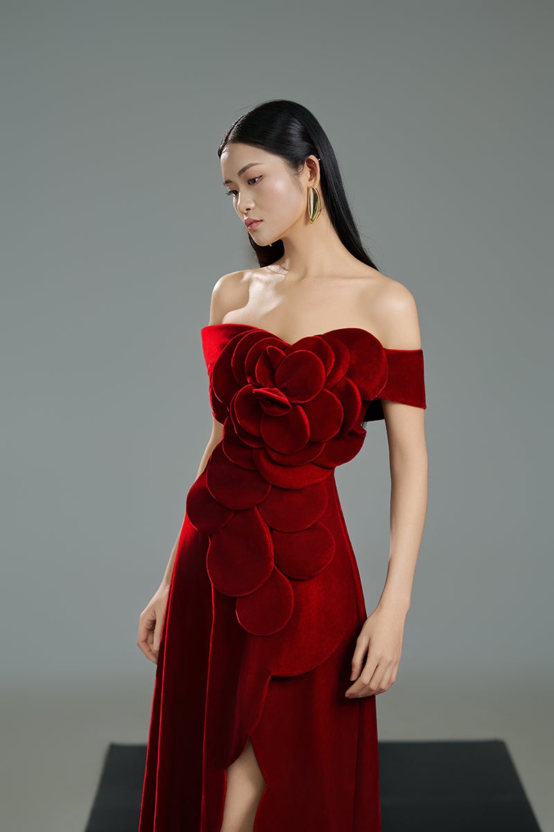 OFF-SHOULDER VELVET PETAL MAXI DRESS IN RED - CULT MIA