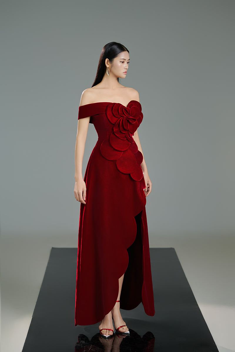 OFF-SHOULDER VELVET PETAL MAXI DRESS IN RED - CULT MIA