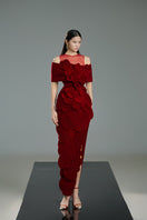 Red velvet gown by Happy Clothing featuring a flowing design and elegant fit, perfect for formal occasions.
