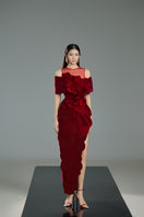 Red velvet gown by Happy Clothing featuring a flowing design and elegant fit, perfect for formal occasions.