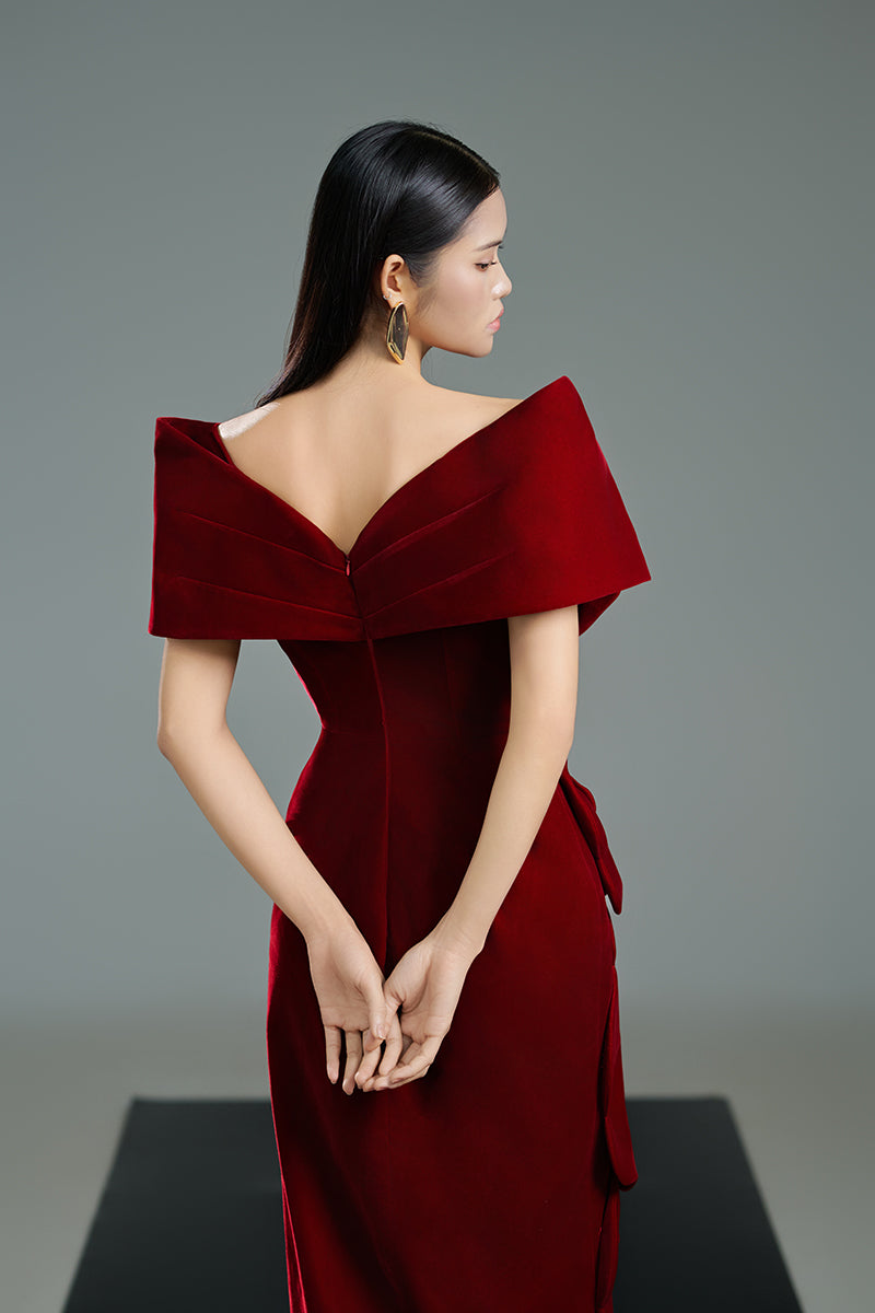 VELVET V-NECK PETAL EMBELLISHED WITH STRUCTURED SHOULDERS MAXI DRESS IN RED - CULT MIA