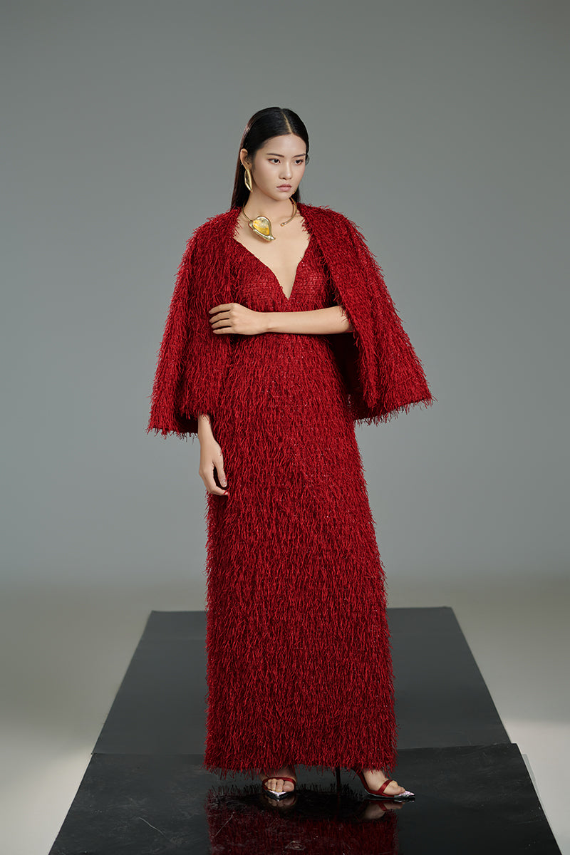 RED FEATHER CAPE MAXI SET IN RED - CULT MIA